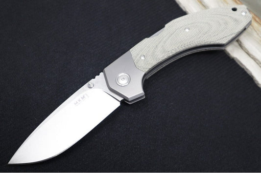 Maniago Knife Makers Hero - Satin Drop Point Blade / M390 Steel / Green Canvas Micarta Handle Scales & Titanium Bolsters